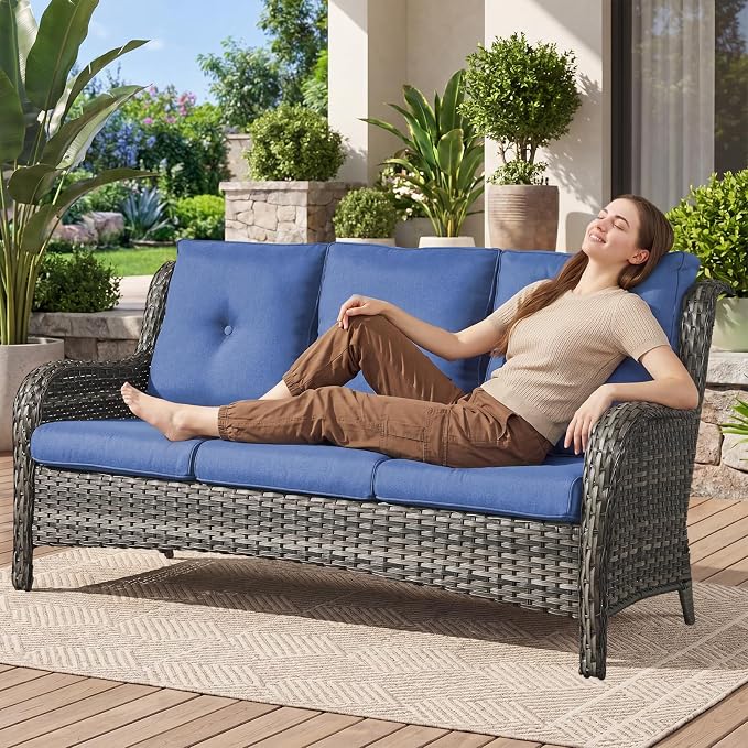 Belord Patio Sofa Luxury PE Wicker 3-Seater Outdoor Couch, Modern All-Weather High Back Deep Seat Woven Furniture Set for Porch, Deck, Balcony, Backyard - Grey/Blue