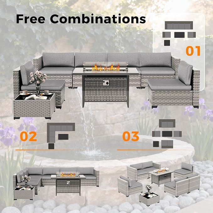 6-Seat Modern Outdoor Wicker Rattan Patio Furniture Set with 55,000 BTU Fire Pit Table, Thick 4″ Cushions, All-Weather Dual-Strand Rattan, Rust-Resistant Steel Frame,Gray
