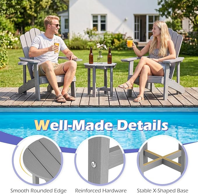 Tangkula Round Outdoor Side Table Set of 2, Adirondack Side Table with Weather-Resistant, Waterproof Top, Small Outside End Table for Patio Deck Pool Porch, Easy Maintenance (Grey,2)