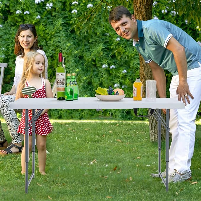 TANGZON 4FT Folding Picnic Table, 3 Adjustable Heights Camping Table with Carry Handle, Indoor Outdoor Dining Table for BBQ Catering Buffet Party, 150KG Capacity (Grey Feet, 120 x 60 x 49/62/74cm)