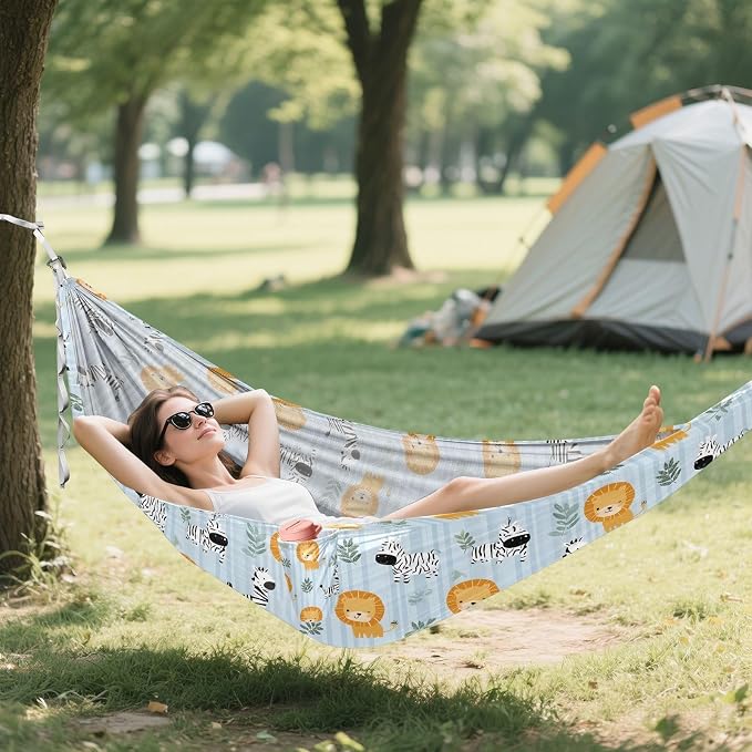Camping Hammock Outdoor Hammocks for Outside Lion Zebra Blue Stripe Beach Trees Portable Lightweight with Pockets Tree Straps Indoor