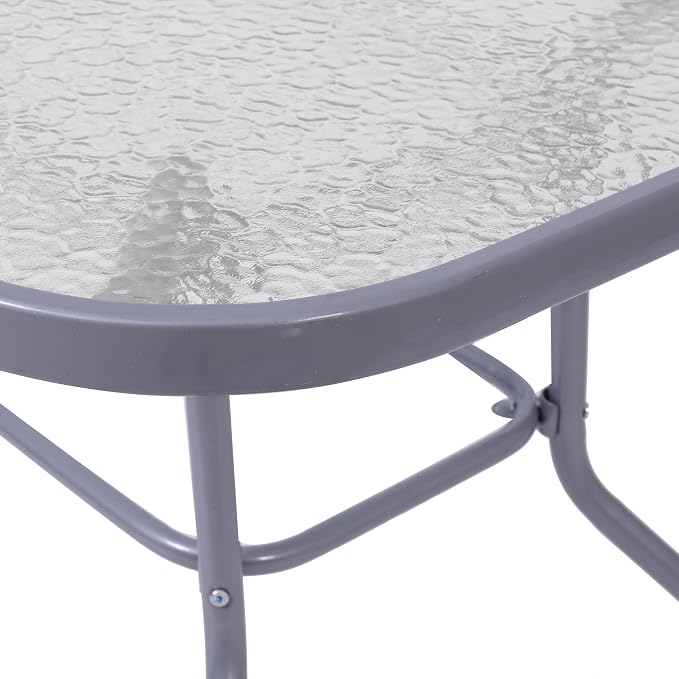 EMMA + OLIVER Tala Patio Dining Table - Silver Metal Frame - 31.5" x 55" Square Tempered Glass Top - Umbrella Hole - Suitable for Indoor/Outdoor Use