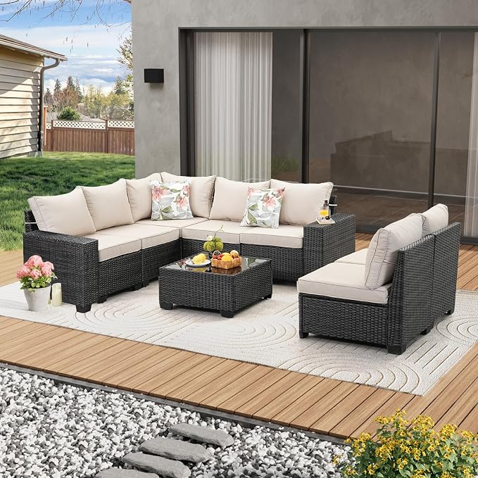 JOYURE 8 Pieces Patio Furniture Set All-Weather Outdoor Wicker Sectional Conversation Sofa Rattan Patio Seating Sofa with Cushion and Glass Table for Porch Poolside,Beige