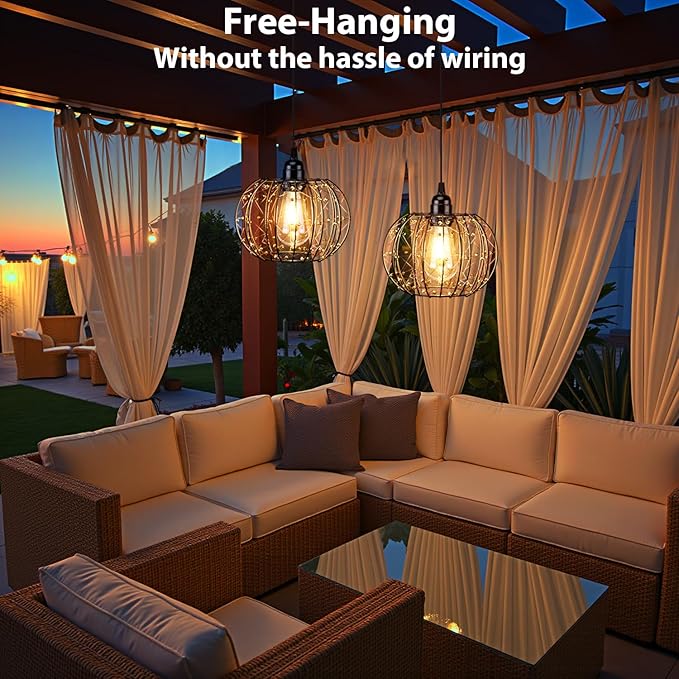 Battery Operated Hanging Chandelier Outdoor, Set of 3 with Remote, No Wiring, Boho Copper Wire Beaded Pendant Light, IP55 Weatherproof, Dimmable Timer, for Gazebo Pergola Porch Patio Decor