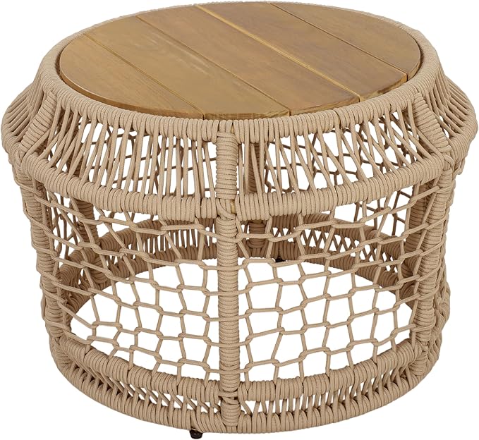 Outdoor Side Table with Light Beige Rope Frame, Patio Side Tables for Outside, Round Acacia Wood Outdoor End Table for Poolside Backyard Gazebo,No Assembly Required
