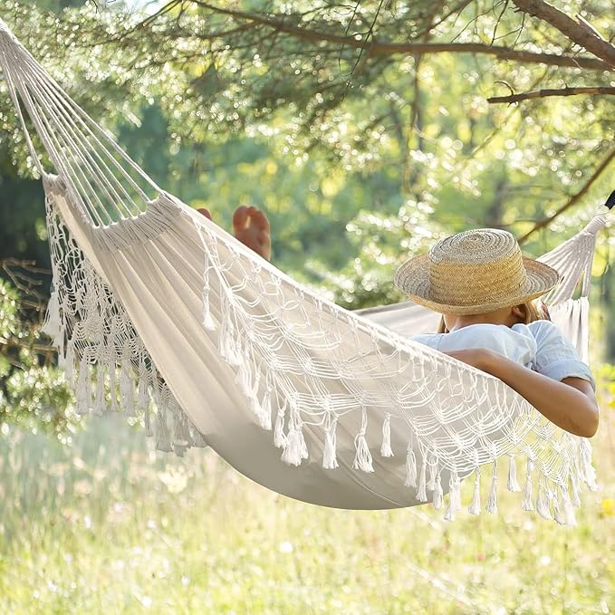 Large Boho Brazilian Macrame Fringe Double Hammock Swing for 2 - Perfect Outdoor/Indoor Patio, Camping, Travel, Bedroom, Backyard - Cozy White Design