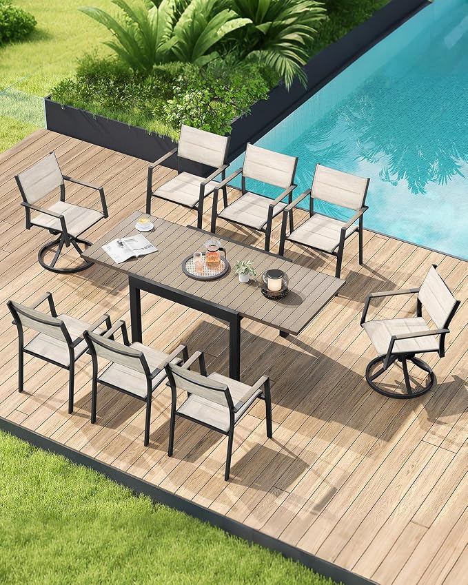 9 Pieces Expandable Outdoor Dining Set, Aluminum Patio Dining Set with 2 Swivel Chairs, Extendable Dining Table and 6 Double-Layer Textilene Stacking Dining Chairs for Deck, Lawn, Limed Oak