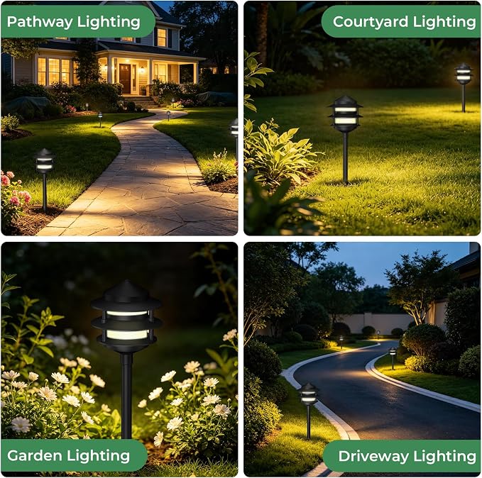 Pagoda Low Voltage Landscape Pathway Lights, 12V Outdoor LED Path Lights Wired, Aluminum Walkway Lighting with 4W 2700K Replaceable G4 Bulb, Classic 3-Tier Lantern, 6 Pack