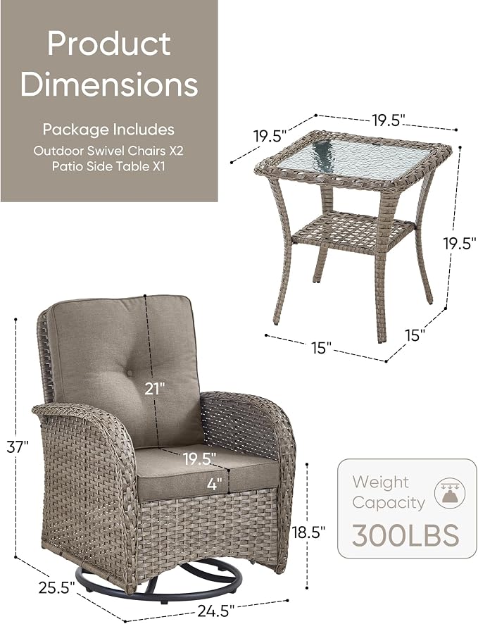 HUMMUH 3-Piece Outdoor Wicker Swivel Rocker Bistro Set, Grey | 2 swivel rocker chairs, 2-tier side table, 4 in Olefin cushions, removable covers, for porch, balcony, and poolside