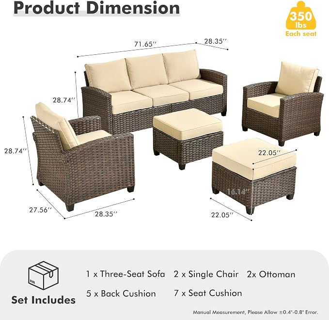 CAODOC Patio Furniture Sets, Outdoor Wicker Furniture with Ottomans, 5 Pieces Outdoor Sofa Couch Conversation Set with Cushioned Rattan Chairs for Garden Poolside Backyard, Beige