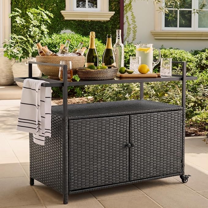 51.2" Wicker Outdoor Bar Cart - Black Patio Console Storage Table Buffet Cabinet Serving Kitchen Cart with Wheels for Outside Backyard