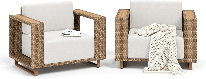 SUNSHINE VALLEY 2 Pieces Patio Furniture Set, Outdoor Rattan Wicker Armchairs with 10''Ultra-Thick Cushions,All Weather Patio Conversation Set, Low Profile Lawn Garden Backyard Chairs