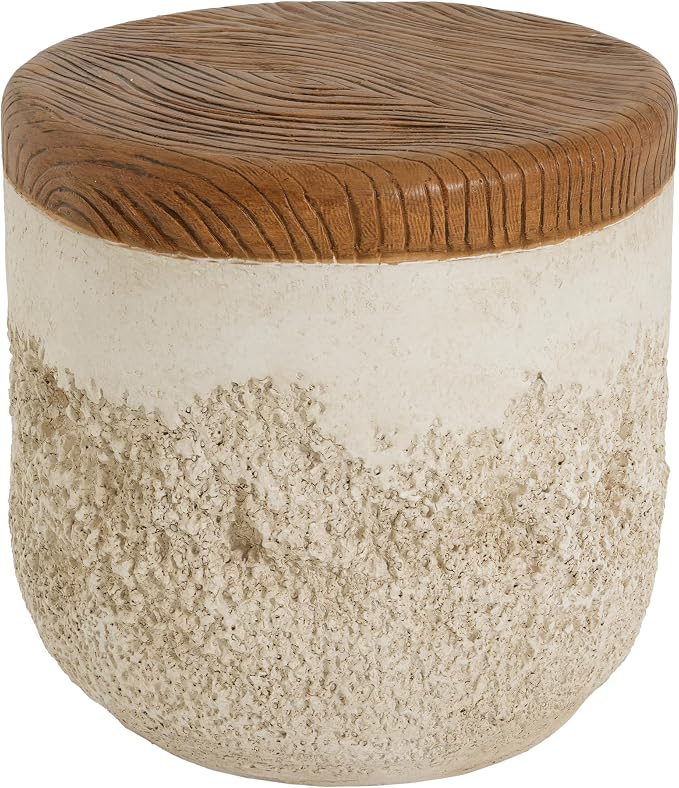 Merax Outdoor Patio MGO Side Table, 16" Height Round Side Accent Table with Dual-Texture Design, Beige Tone Base & Faux-Wood Grain Top, Patio End Table for Balcony Poolside, Fully Assembled
