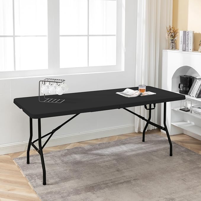 BTEXPERT Set of 10, Fold-in-Half Folding Utility Table 6 Feet 72" x 29.5" Lightweight Portable Carrying Handle Indoor Outdoor Picnic Camping Office Home Party Wedding Event Black