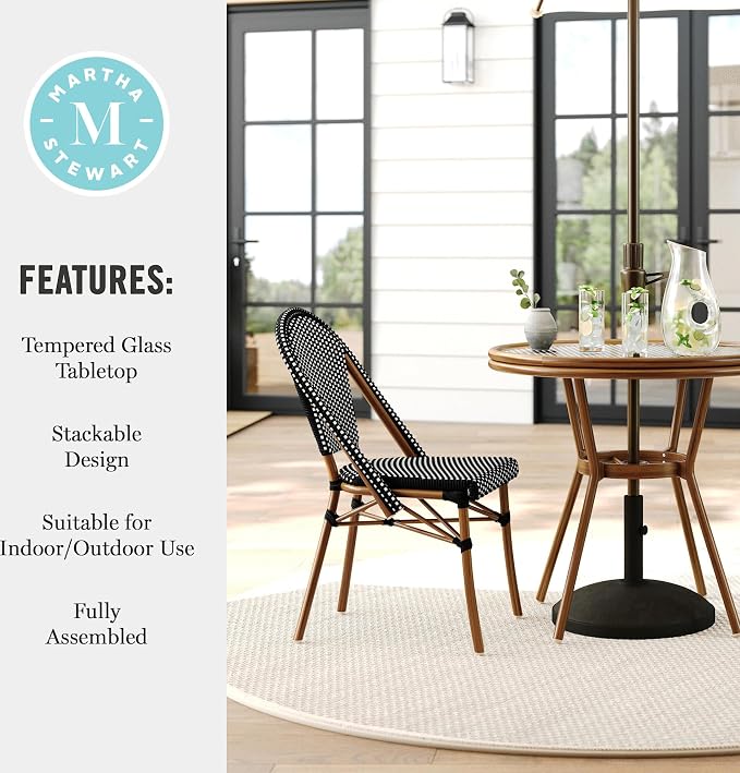 Martha Stewart Lily Pond 31” Round Indoor-Outdoor Bistro Dining Table with Aluminum Frame in Gray Woodgrain and Rattan Top in White/Gray with Tempered Glass Top