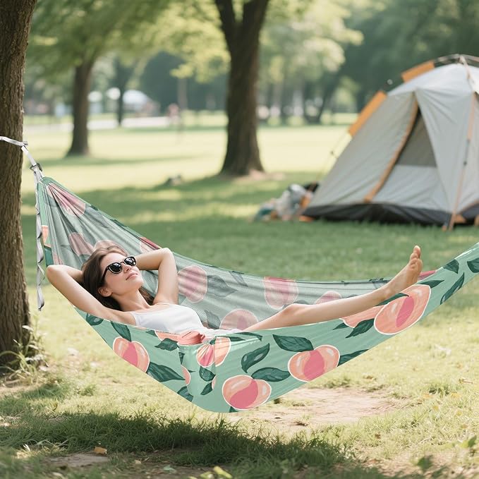 Camping Hammock Outdoor Hammocks for Outside Peaches Leaves Green Beach Trees Portable Lightweight with Pockets Tree Straps Indoor Small