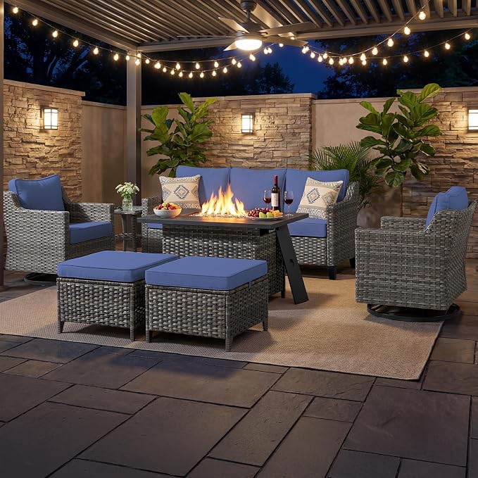 Luxury Patio Furniture Chairs Set - 2 Pieces All Weather Wicker Outdoor Couch and High Back Swivel Rocker Patio Chairs for Deck Yard and Poolside Gray Wicker | Blue Cushions