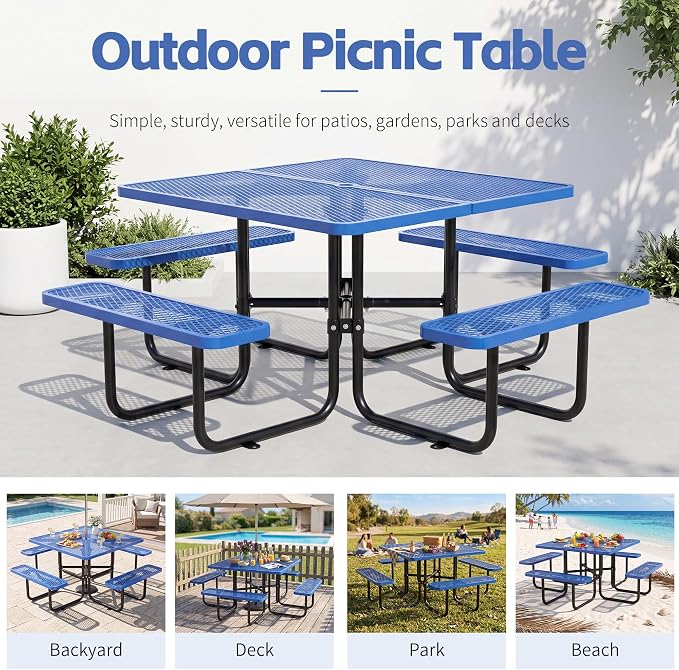 46" Square Metal Picnic Table with 1.73" Umbrella Hole, Commercial Steel Picnic Table, Heavy Duty Picnic Tables with Benches for Outdoor Garden Courtyard BBQ, Blue