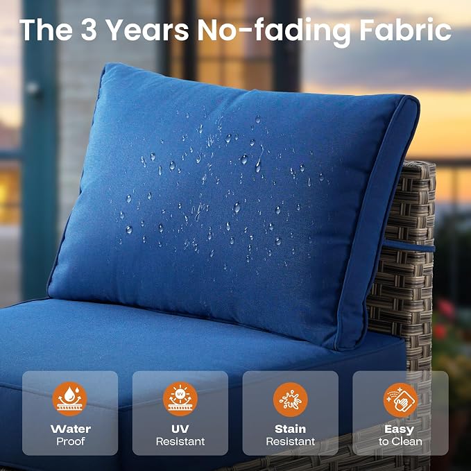 ovios 6 Piece Patio Sectional Furniture, Rattan Wicker Coversation Couch Set, Outdoor Sofa Set for Outside Porch Balcony Backyard Pool,Navy Blue