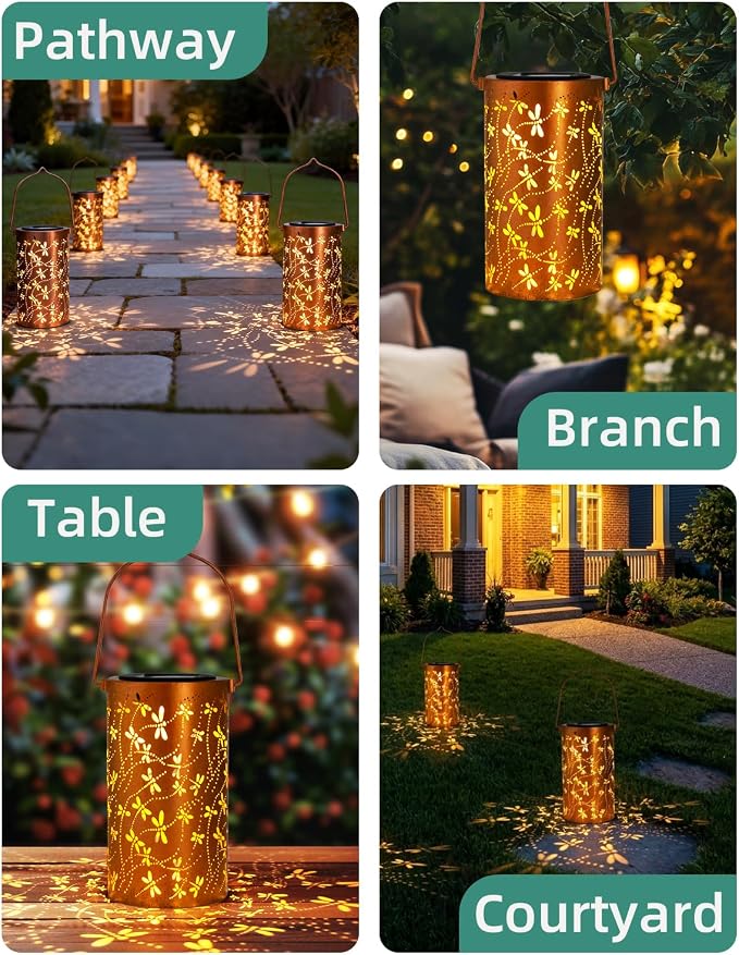 DIBIEECN Birthday Gifts for Women Mom Grandma Wife, Solar Lanterns Outdoor Waterproof, Metal Hanging Lights Garden Decor, LED Decorative Lantern for Patio Porch Backyard, Dragonfly, 2Pack