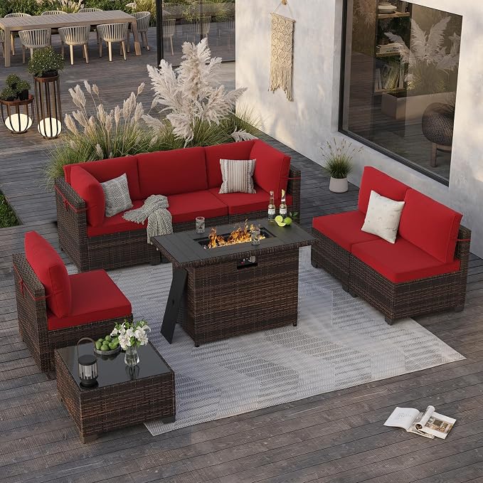 Soohow 8 Piece Patio Furniture Set with 44" Fire Pit Table, Outdoor Sectional Wicker Rattan Conversation Set for Garden, Porch, Backyard - Wine Cushions