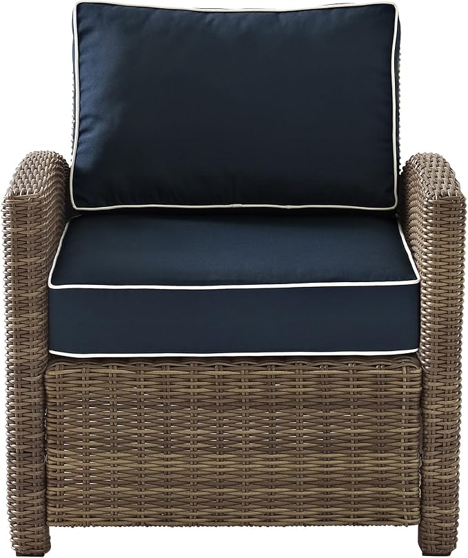 Crosley Furniture Bradenton 5-Piece Outdoor Sofa Patio Furniture Set, Wicker Conversation Sets for Porch, Brown with Navy Cushions
