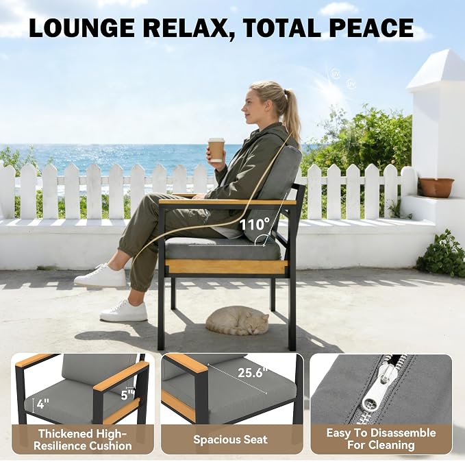 HOMREST Aluminum Outdoor Bench, Metal Oversized Patio Bench with Washable Cushions, Patio Conversation Set with Special Anti-Heat Armrest, Gray