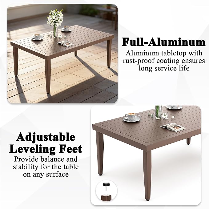 40" Aluminum Outdoor Patio Coffee Table, All-Weather Rust-Resistant Patio Coffee Table with Slatted Top, Modern Rectangular Outside Furniture for Garden, Deck, Balcony and Poolside, Brown