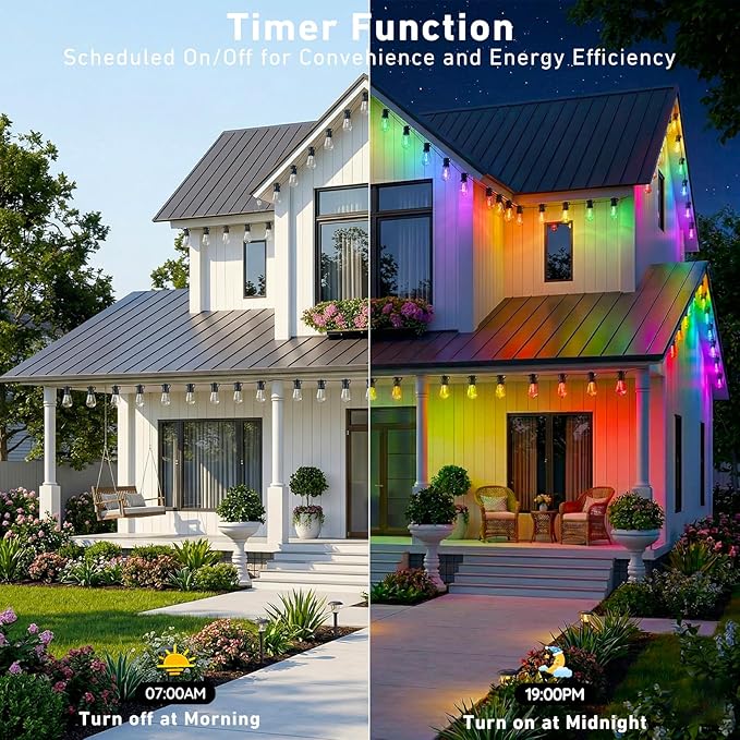 Outdoor String Lights,200FT Smart RGB+IC Patio Lights with Shatterproof LED Bulbs ,Outside Light Dimmable Patio for Decor DIY IP67 Waterproof ,Courtyard, garden,Holiday,LED lights more Scene Modes