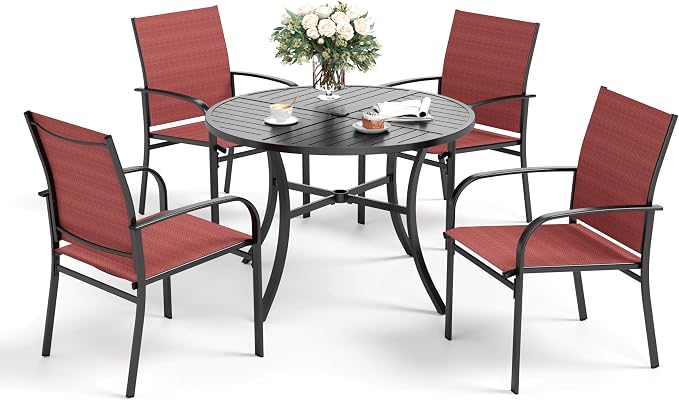 SUNSHINE VALLEY 5 Piece Patio Dining Set for 4, 42" x 42" Round Metal Table with Umbrella Hole and 4 Red Chairs, Outdoor Table and Chairs Set for Lawn Backyard and Deck