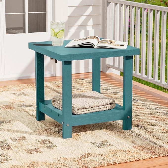 2-Tier HDPE Outdoor Square Side Table, Heavy-Duty Patio Side Table with Storage Shelf, Weather-Resistant Adirondack End Tables for Backyard, Pool, Porch, Garden, Lawn, Lake Blue