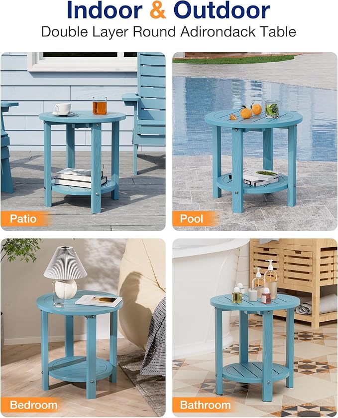YEFU Outdoor Side Table for Patio: 16in HIPS Small Round Outdoor End Table - 2-Tier Adirondack Tables for Patio Porch Yard Poolside Living Room Beach Bedroom (Blue, 1 Pack)
