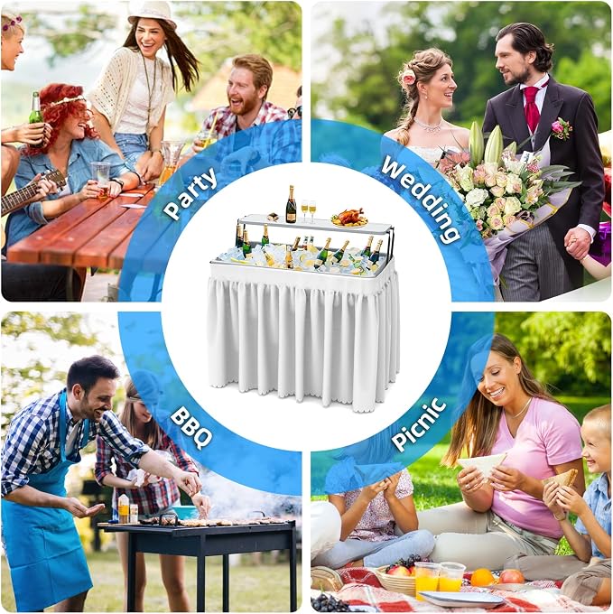 Ice Cooler Folding Table,Double-Layer Party Chilling Table with Drain and Detachable White Skirt to Keep Drinks Cool for Weddings, Outdoor, Picnics, Pool Parties