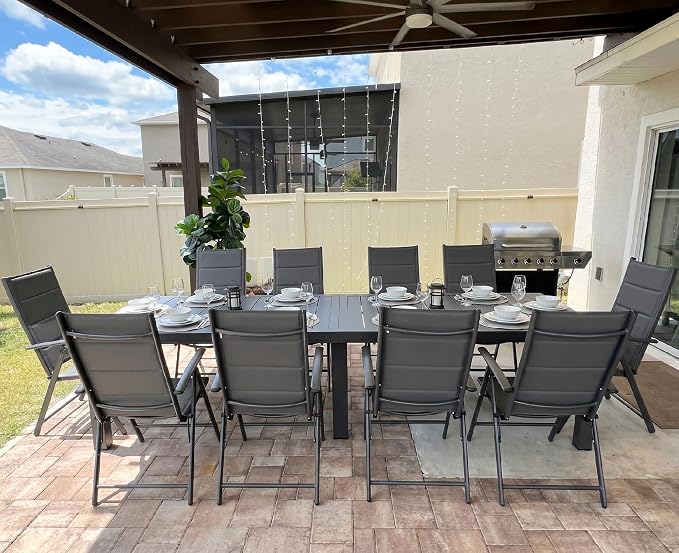 PURPLE LEAF Outdoor Dining Set for 10 Folding Patio Dining Set with Aluminum Rectangular Table and Padded Chairs All Weather Dining Table Sets for Garden Backyard Poolside, Grey