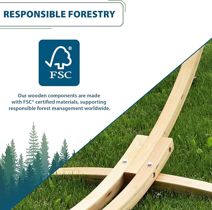 Vivere Double Sunbrella Hammock with Solid Pine Arc Stand - 450 lb Capacity, Durable FSC Wood Frame, Includes Hardware & User Guide - 450 lb Weight Capacity (Cameo)