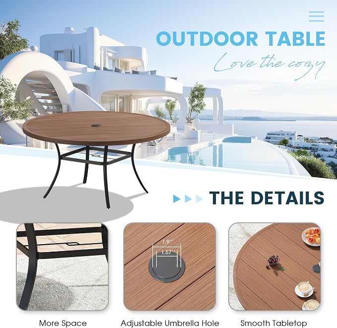 9 Pieces Outdoor Patio Dining Table Set, 63" All Weather Round Metal Table with Umbrella Hole and 8 High Back Textilene Swivel Chairs for Garden, Lawn, Poolside, Walnut Table & Brown Chairs