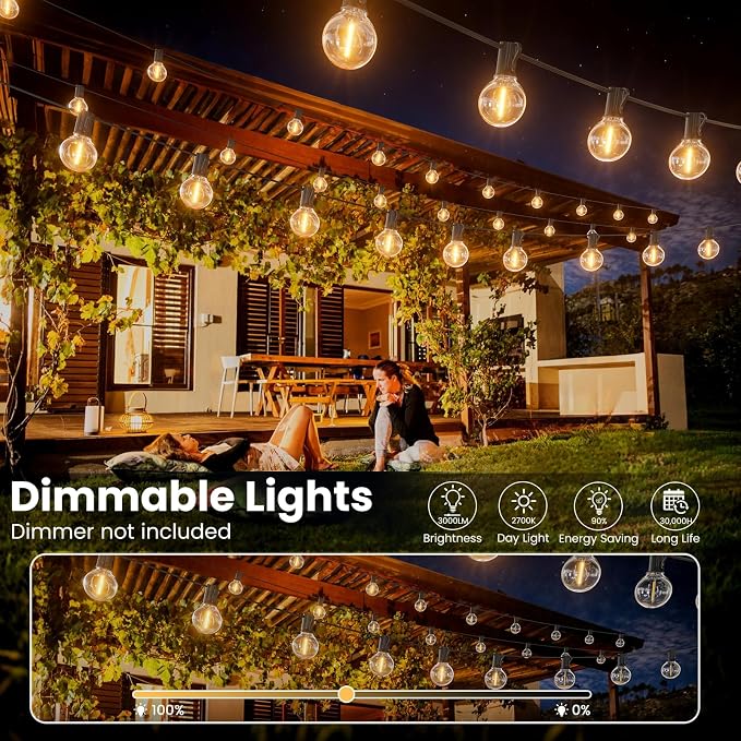 RTTY Outdoor String Lights 50 FT, Patio Light 26pcs Waterproof LED Bulbs | Shatterproof G40 Bulbs,Dimmable Connectable Outside Hanging Globe Lighting for Cafe, Bistro, Market, Balcony, Porch