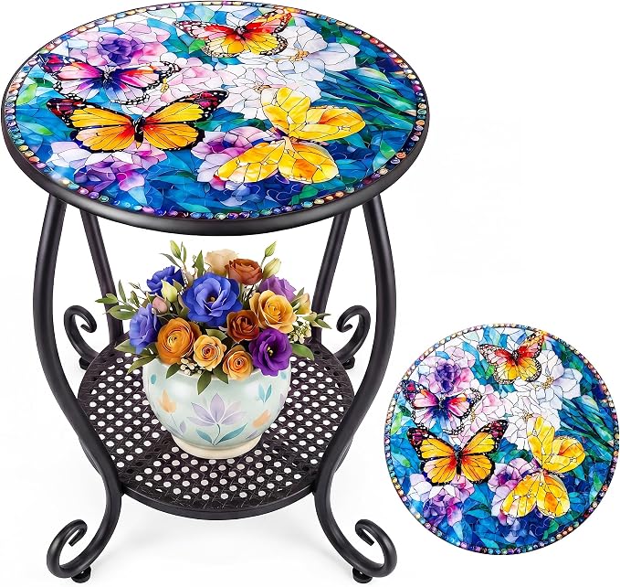 Outdoor Side Table, Small Patio Table Round Metal Outside Coffee End Table for Balcony Bistro Porch Yard Garden Patio Living Room(Butterfly