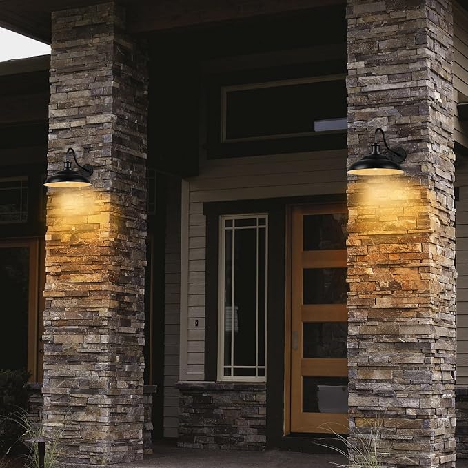 Dusk to Dawn Barn Light Outdoor, 16 Inch Farmhouse Wall Sconce, Vintage Exterior Wall Mount Lighting Fixture, Waterproof Black Lantern for Porch Garage