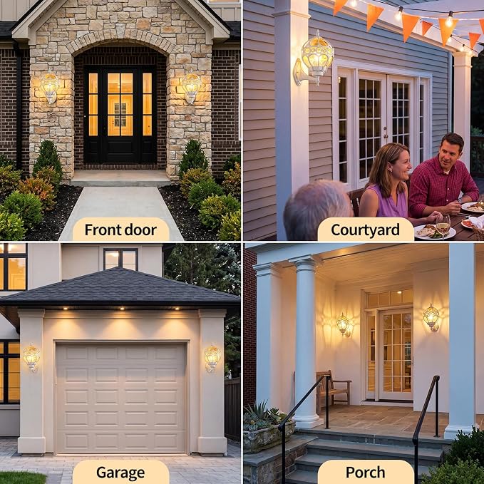 2 Pack White Globe Outdoor Wall Lights, Round Exterior Wall Sconce for Patio, Porch, Entryway, Anti-Rust Aluminum Wall Mount Lighting Fixture, Outside Wall Lantern with Amber Glass & Ornate Cage