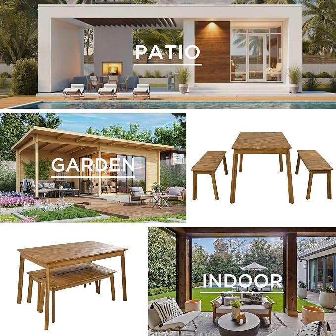 WILLIAMSPACE 50" Wood Patio Dining Set of 3, Modern Outdoor & Indoor Furniture with 2 Benches, 3 Pieces Picnic Beer Table for Patio, Porch, Garden, Poolside (Natural)