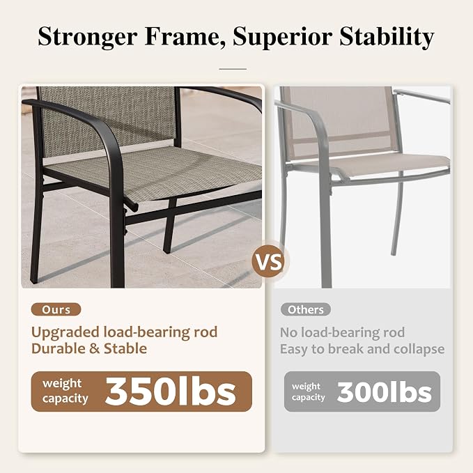 HERA'S HOUSE 5pc Patio Dining Set for 4, Outdoor Metal Table & Brown Chairs | Textilene chairs + 37" square table with umbrella hole. Waterproof, rust-resistant, all-weather for backyard, porch