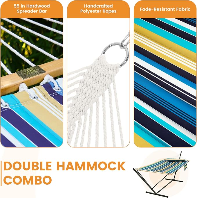 Lazy Daze Hammocks 2 Person Portable Hammock with 12FT Stand for Outside, 10.5FT Quilted Double Hammock with Spreader Bar and Detachable Pillow, 450lbs Capacity for Outdoor Patio, Beach Stripes