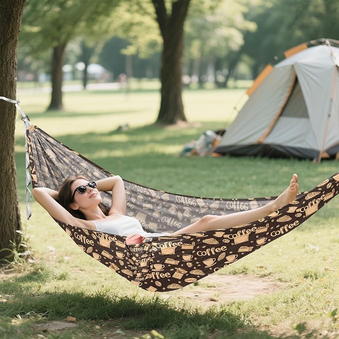 Camping Hammock Outdoor Hammocks for Outside Brown Croissants Coffee Beach Trees Portable Lightweight with Pockets Tree Straps Indoor