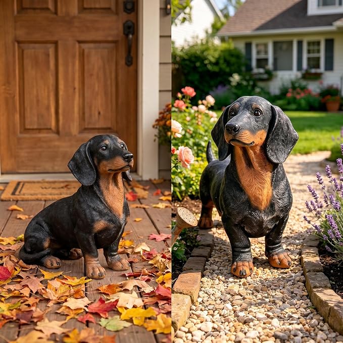 26.38" Black & Tan Dachshund Statue | Realistic Resin Dog Garden Decor, Outdoor Gardens, Sturdy Base