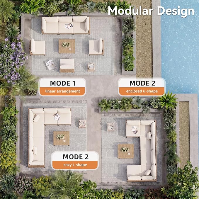 Aoxun 8-Piece Patio Furniture Set, Wicker Outdoor Furniture with Water Resistant Thick Cushions, Patio Conversation Set Outdoor Sectional Sofa with Coffee Table for Backyard Poolside, Beige
