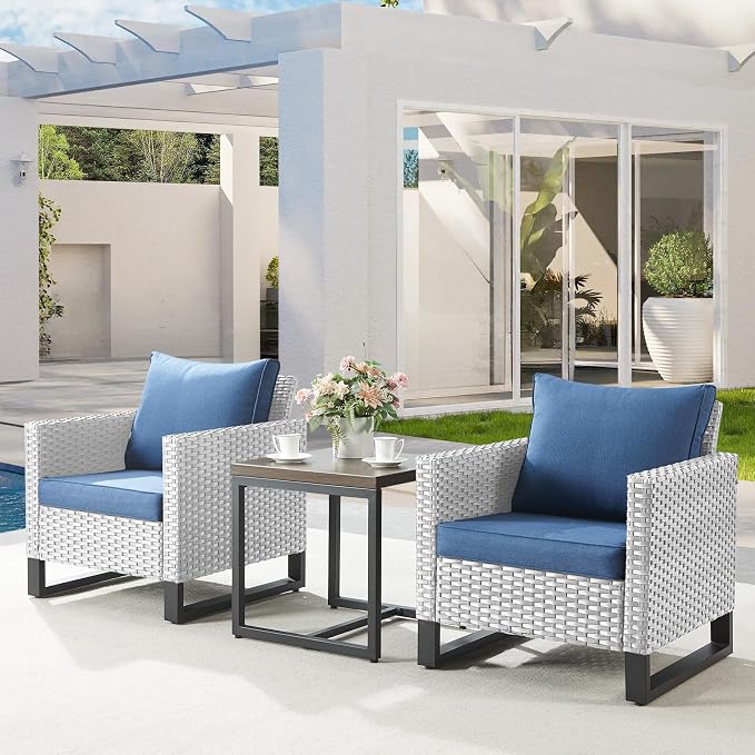 Belord Outdoor Bistro Set 3 Piece Outdoor Wicker Patio Chairs, Oversize Outdoor Rattan Seating Set, All-Weather Chairs Wicker Furniture with Side Table and Removable Cushion for Outside, Light Grey