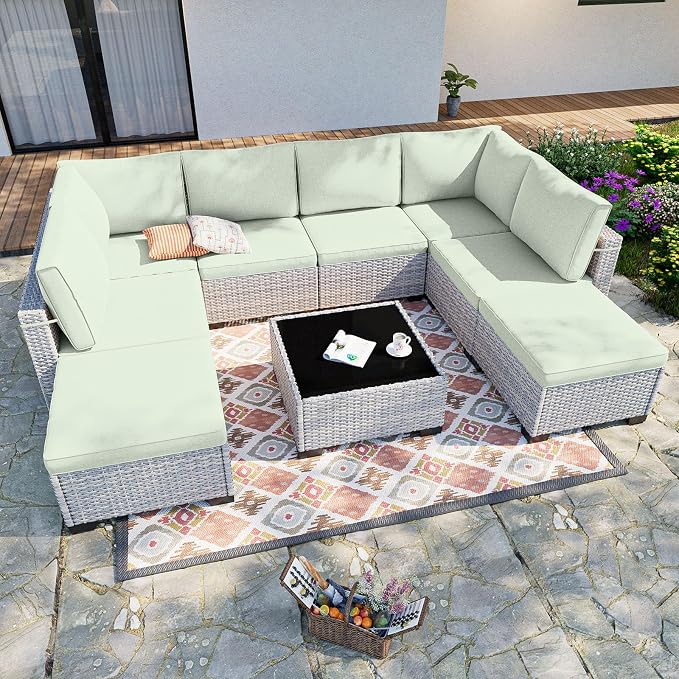 9-Piece Patio Furniture Set, Outdoor Sectional with Ottomans, Modular Patio Sofa, Dual-Strand Wicker Rattan, Rust-Resistant Frame, Backyard Furniture for Garden, Deck, Light Green