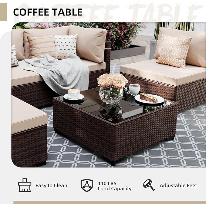 UPHA 5 Pieces Patio Furniture Sets, Wicker Outdoor Sectional Sofa Couch with Coffee Table, Patio Conversation Set for Deck Backyard Garden, Brown Rattan, Beige Cushion