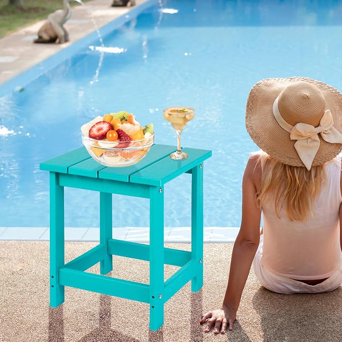 LZRS Patio End Table, Heavy Duty HDPE Outdoor Coffee Table with Wood Texture, Weatherproof Composite Table for Adirondack Chairs, Deck, Pool, Indoor/Outdoor, No Peeling or Cracking(Turquoise)